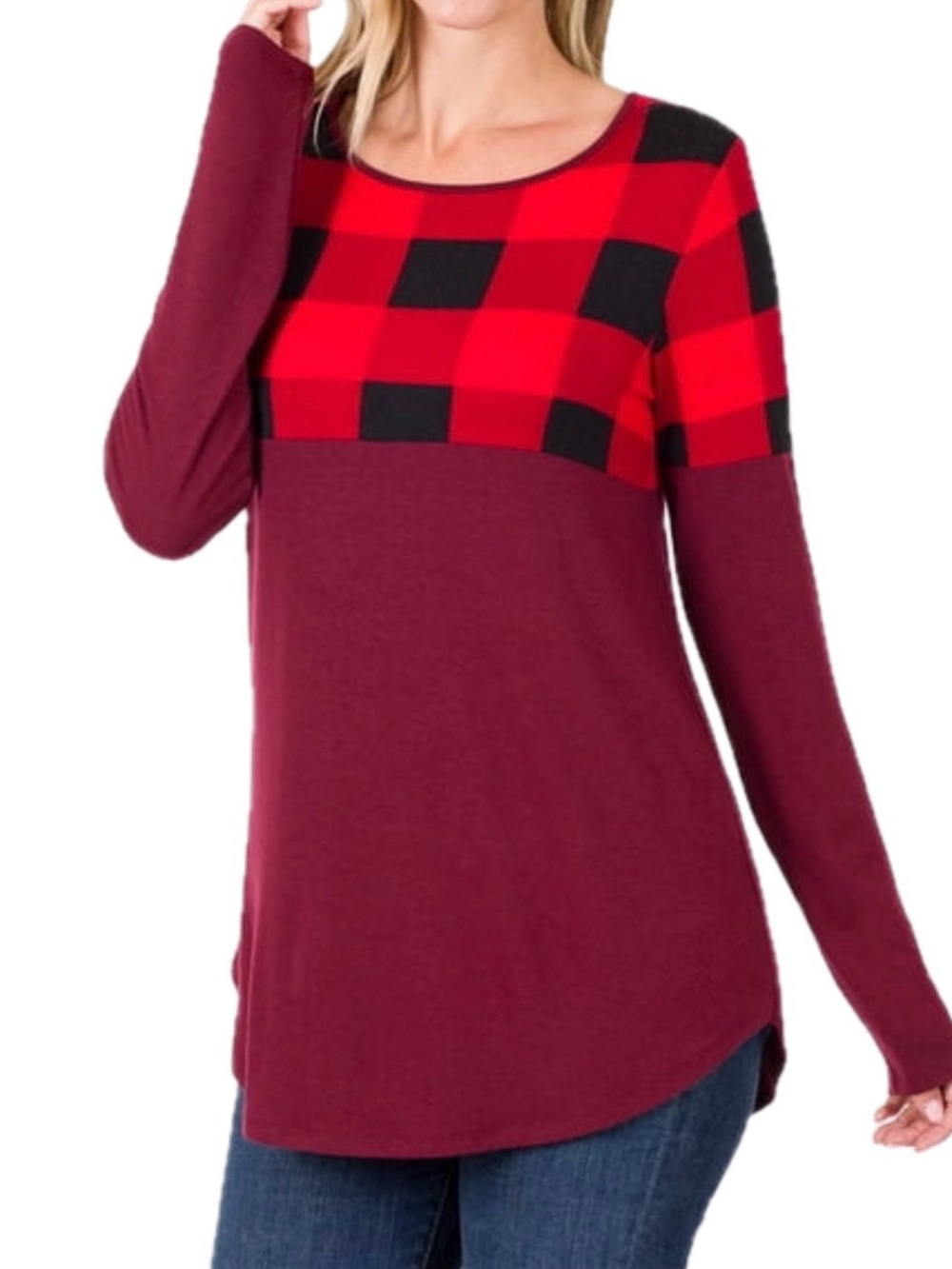 NWOT Zenana Plaid Long-Sleeve Color Block Tunic Top